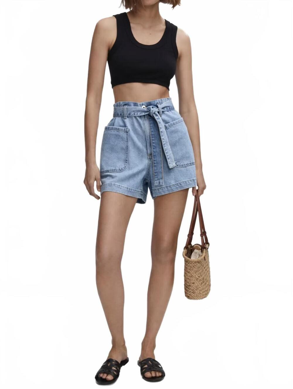 Mango Paperbag Shorts with Belt NWT Paola Medium Blue Size XXL